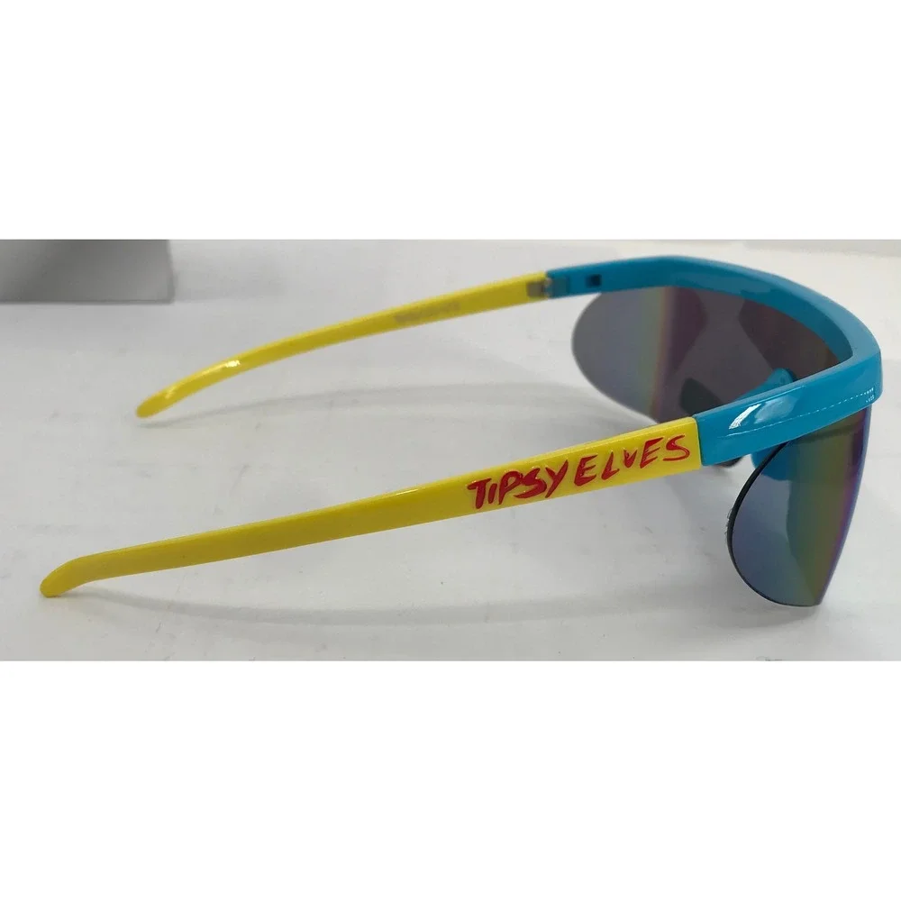 Tipsy Elves Retro Shield Sunglasses Blue‎ Yellow UV400 Performance Eyewear Case